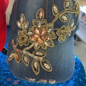 Embellished Denim Cap with Gold Floral Accents